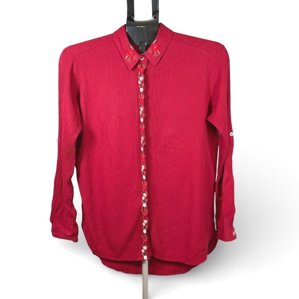 My Polo Womens Red Floral Embroidered Button Down Shirt Long Roll Tab Sleeve M